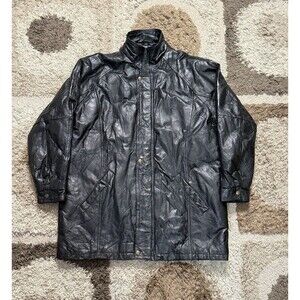 Vintage Black Leather Coat Jacket Mens Size 50 XL Long Snap Zip